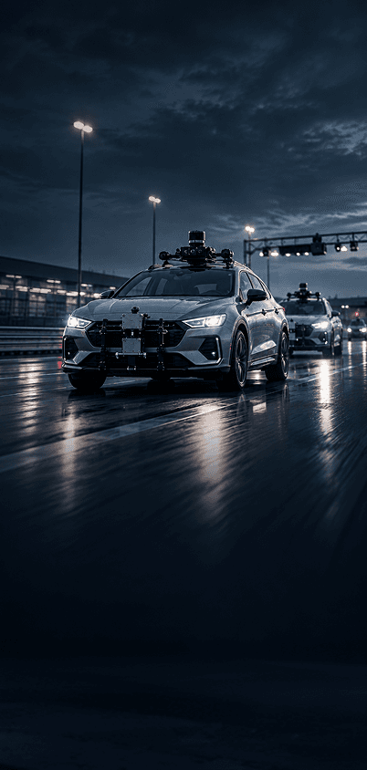 Sensor-equipped test vehicle driving on a wet proving ground at night